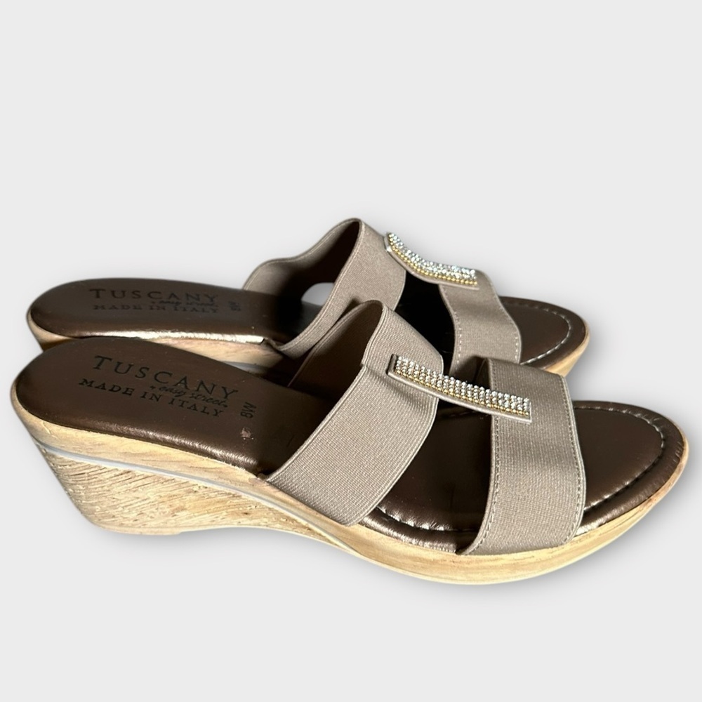 Tuscany by Easy Street 8 W Wedge Cork Heels Sandal beige rhinestone